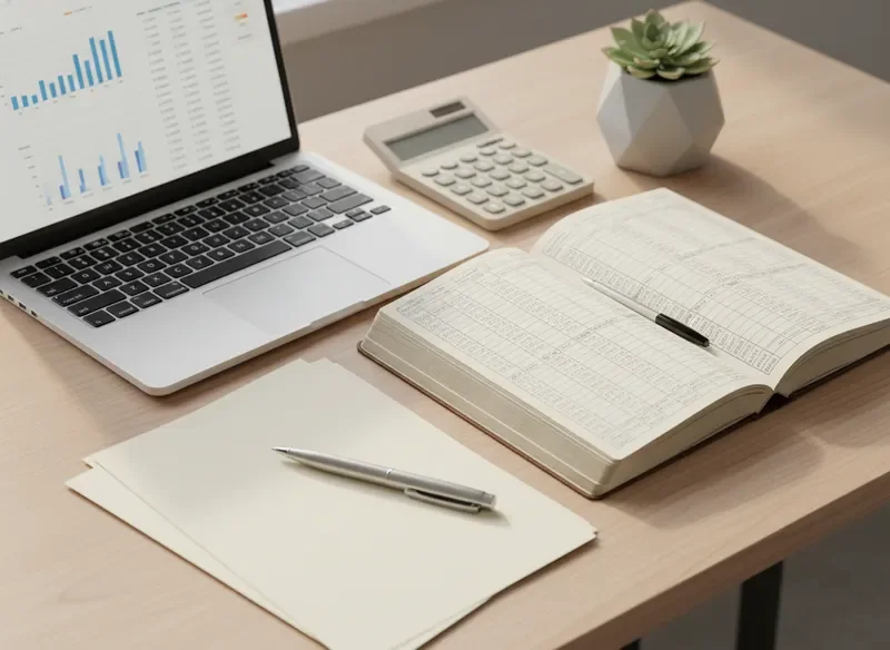 שולחן עבודה מסודר עם ספרי חשבונות, מחשב נייד ומחשבון — ניהול ספרים מקצועי